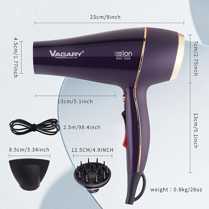VAGARY 6690A Salon Pro Hair Dryer for Women,2200w Powerful AC Motor Fast Drying, Ionic Blow Dryer for Thick Hair,2 Speeds and 2 Heat Settings 1 Cool Shot Button(1 Diffuser and 1Concentrator)