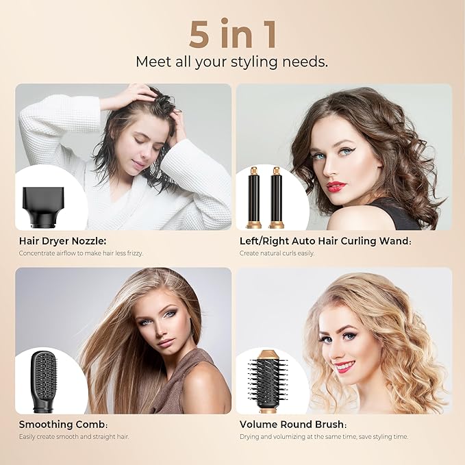 5 in 1 Blow Dryer Brush,Hair Dryer Brush with Detachable Air Styler,Negative Ionic Hair Dryer with Attachments,Hair Dryers for Women Volumizer,Straightener,Drying