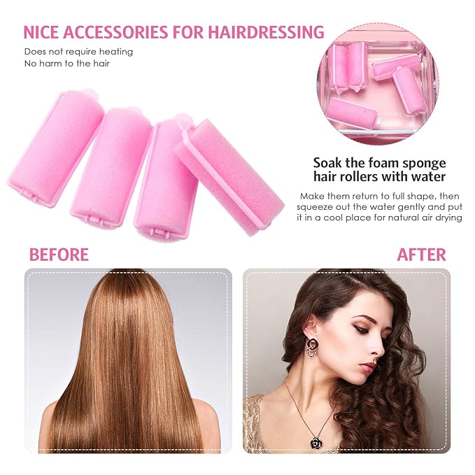 Syhood 48 Pcs Foam Sponge Hair Rollers Soft Sleeping Curlers Flexible Sponge Curler and Rat Tail Comb for Women Hairdressing Styling(Pink,0.98 inch)