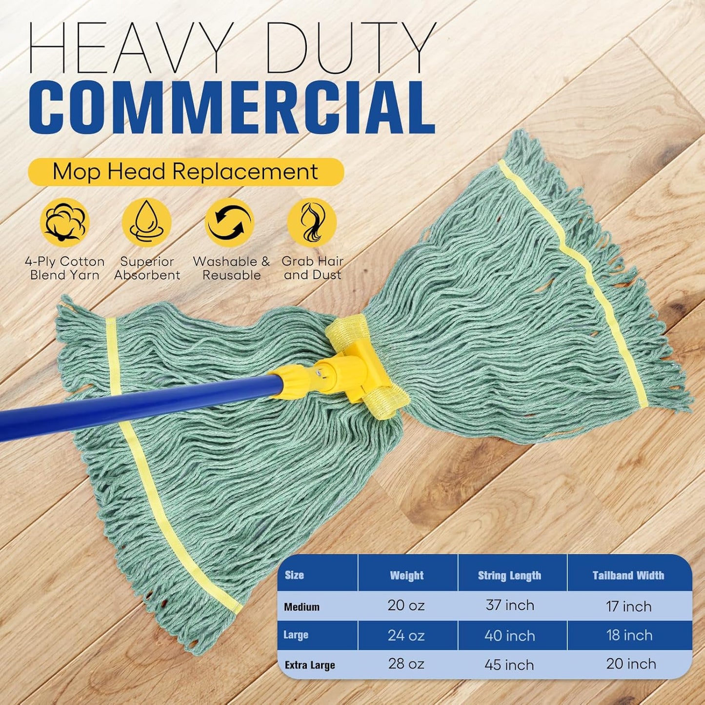 Matthew Cleaning Commercial Mop Head Replacement, 5 Inch Wide Headband, Looped End Cotton Blend String Wet Mops for Floor Cleaning, 18 oz Medium, Case Pack 12 Pcs Green