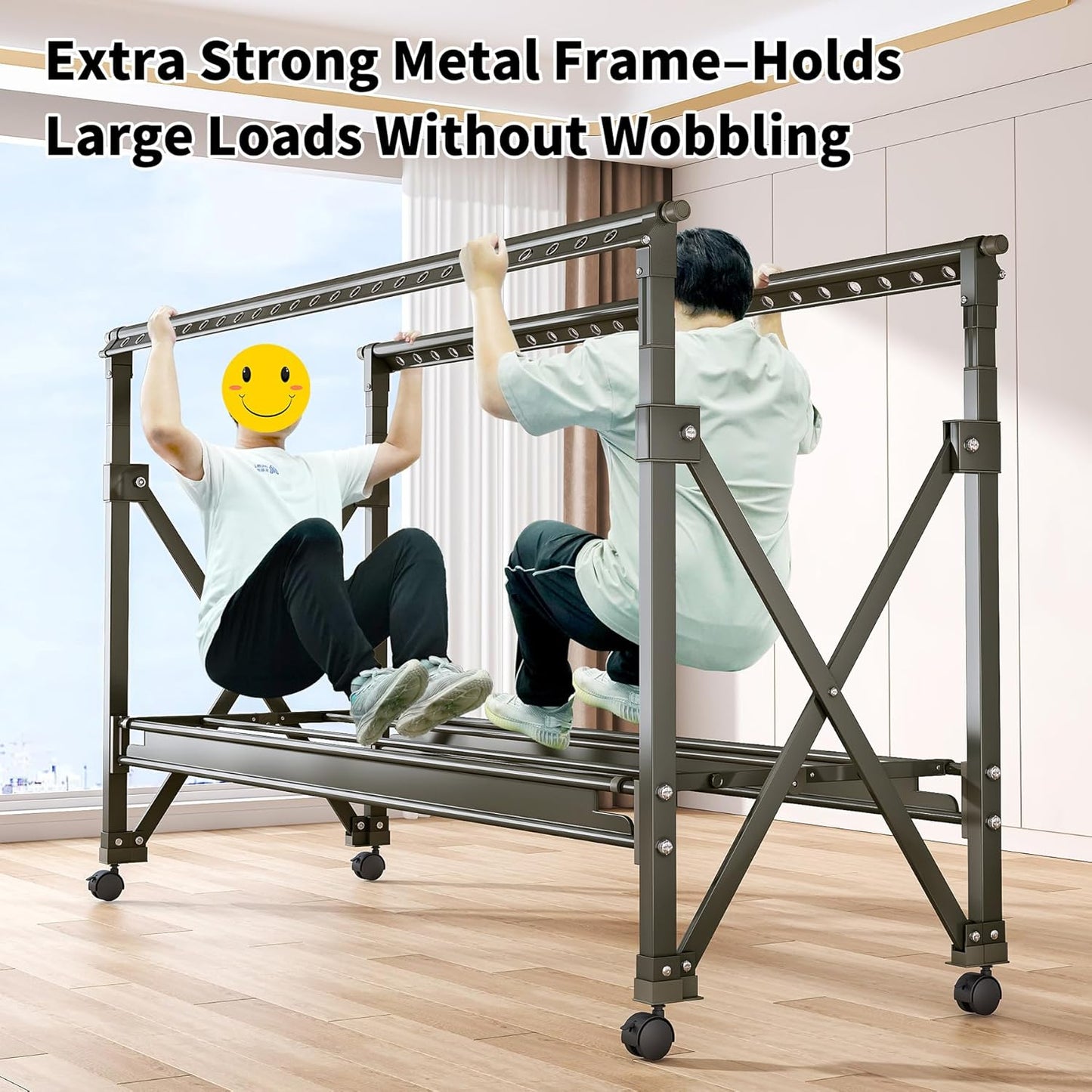 Heavy Duty Rolling Clothing Rack with Wheels, Portable Double Rod Metal Garment Rack, Clothes Drying Hanging Organizer for Laundry, Storage, Freestanding Adjustable Coat Hanger (Extendable, Grey)