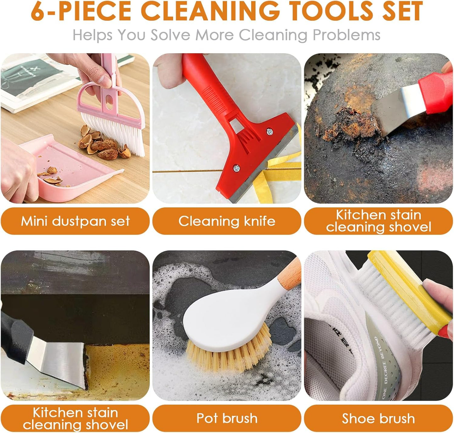 Broom and Dustpan Set with Long Handle and 6 Bonus Cleaning Tools, Upright Standing Combo with Self-Cleaning Teeth & Windproof Dustpan for Pet Hair, Home, Kitchen, Garage, Apartment