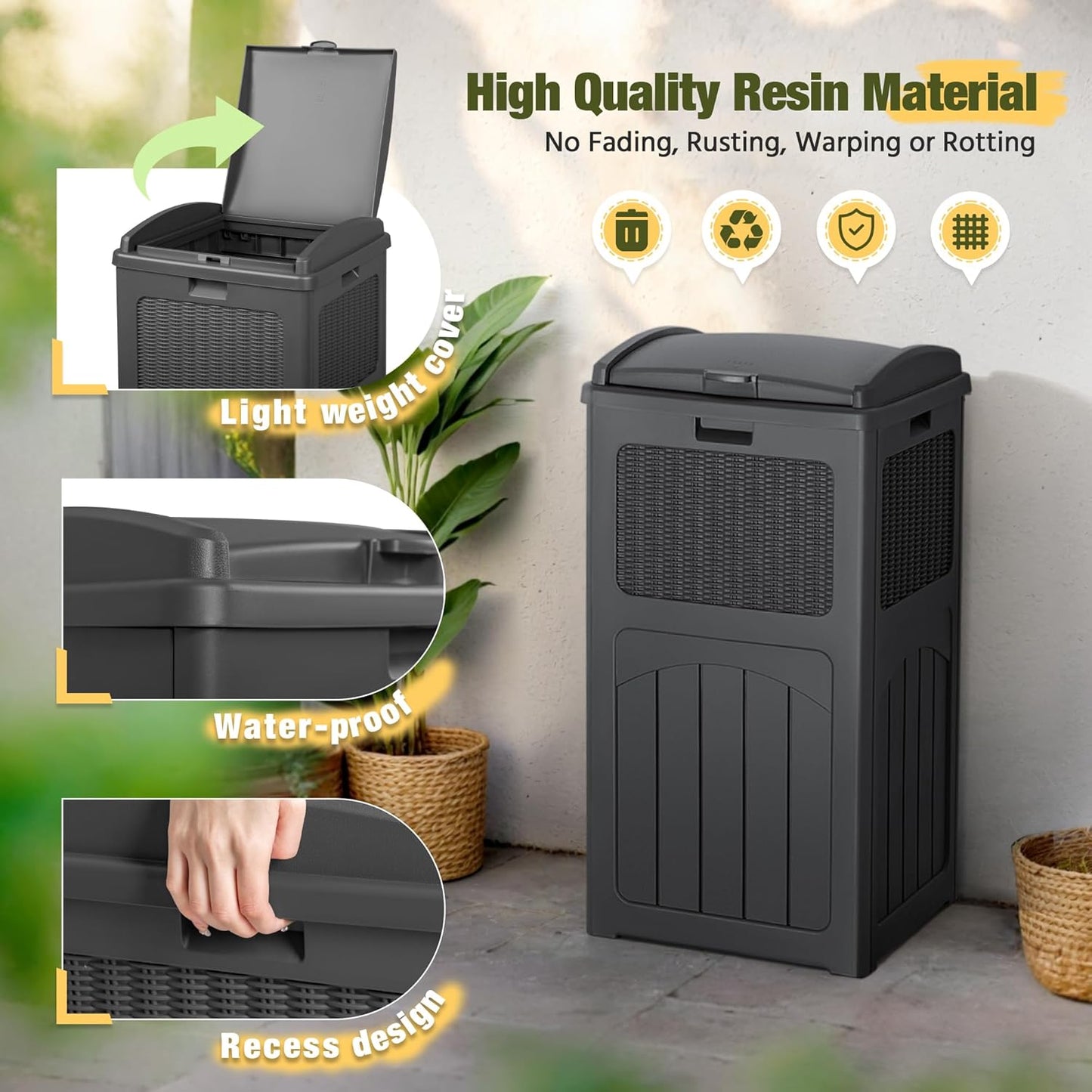 Devoko 33 Gallon Outdoor Trash Can, Hideaway Garbage Bins with Tiered Lid, Waterproof Resin Outside Waste Bins for Patio, Outside Pool, Backyard and Deck (1, Gray)