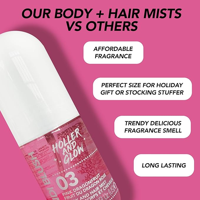 HOLLER AND GLOW Bondi Blush Pink Dragonfruit Body & Hair Mist, Body Spray For Women, Hair Perfume For Women, Jasmine, Amber Scented, Floral & Tropical Fragrance Notes, 8.11 Fl Oz