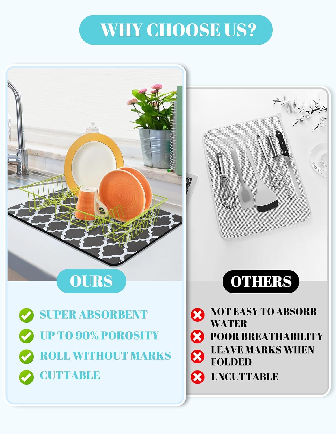 Dish Drying Mat for Kitchen Counter, 12"x19" Dish Drying Pad with Non-slip Rubber Backed, Hide Stain Anti Absorbent for Kitchen Counter, Drying Mat for Coffee Machine Dish Rack (Gray Trellis)