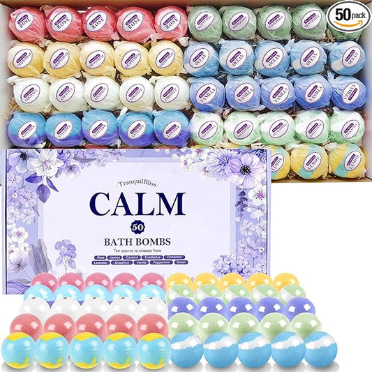 TranquilBliss Bath Bombs Set 50 PCS with 10 Rich Scents, Bath Bombs for Women, Natural Bubble Bombs with Shea Butter & Safe Oil, Ideal for Christmas, Birthday, Mother's Day Present (Purple)