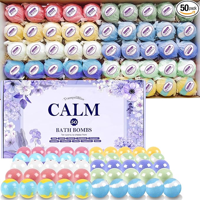 TranquilBliss Bath Bombs for Women, 50 PCS Set with 10 Rich Scents, Natural Bubble Bathbombs, Dry Skin Moisturizing, Present for Christmas, Mother’s Day, Birthday, for Mom, Wife, Her, Girls