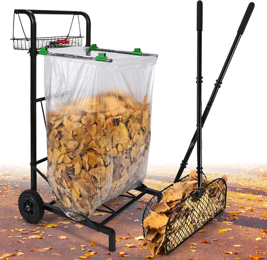 CAROD Mobile Trash Bag Holder with Storage Basket and Ergonomic Handle, Convenient Leaf Bag Cart with Leaves Grabber Rake Combo, Suitable for Leaves, Weeding, Camping, Party