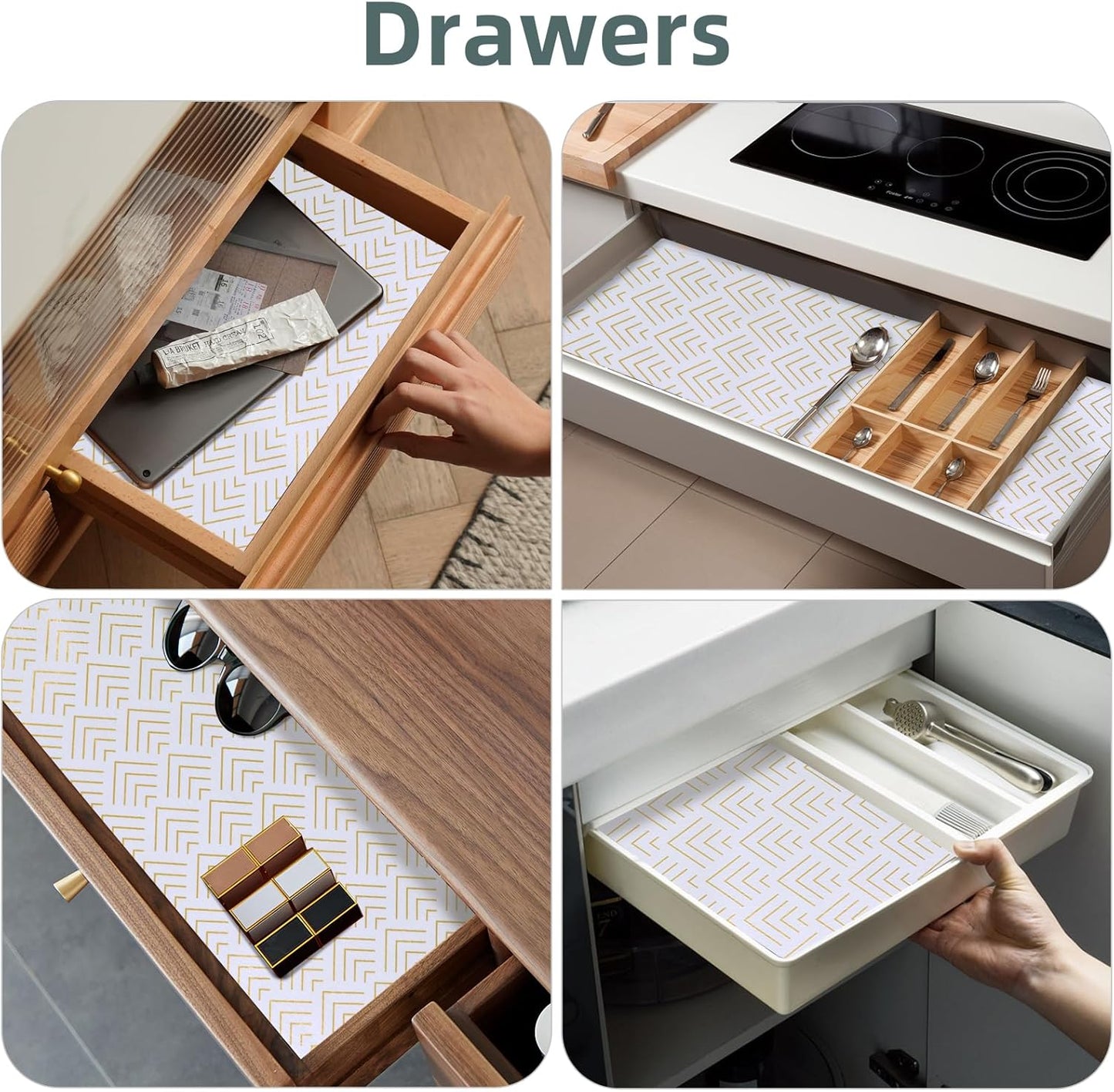 Shelf Liner for Kitchen Cabinets 11.8 x 236.2IN Non Adhesive Drawer Liner Non-Slip Thickened Shelf Liner Paper Strong Easy to Clean for Tool Box Refrigerator with Knife and Tape Measure, Gold Arrow
