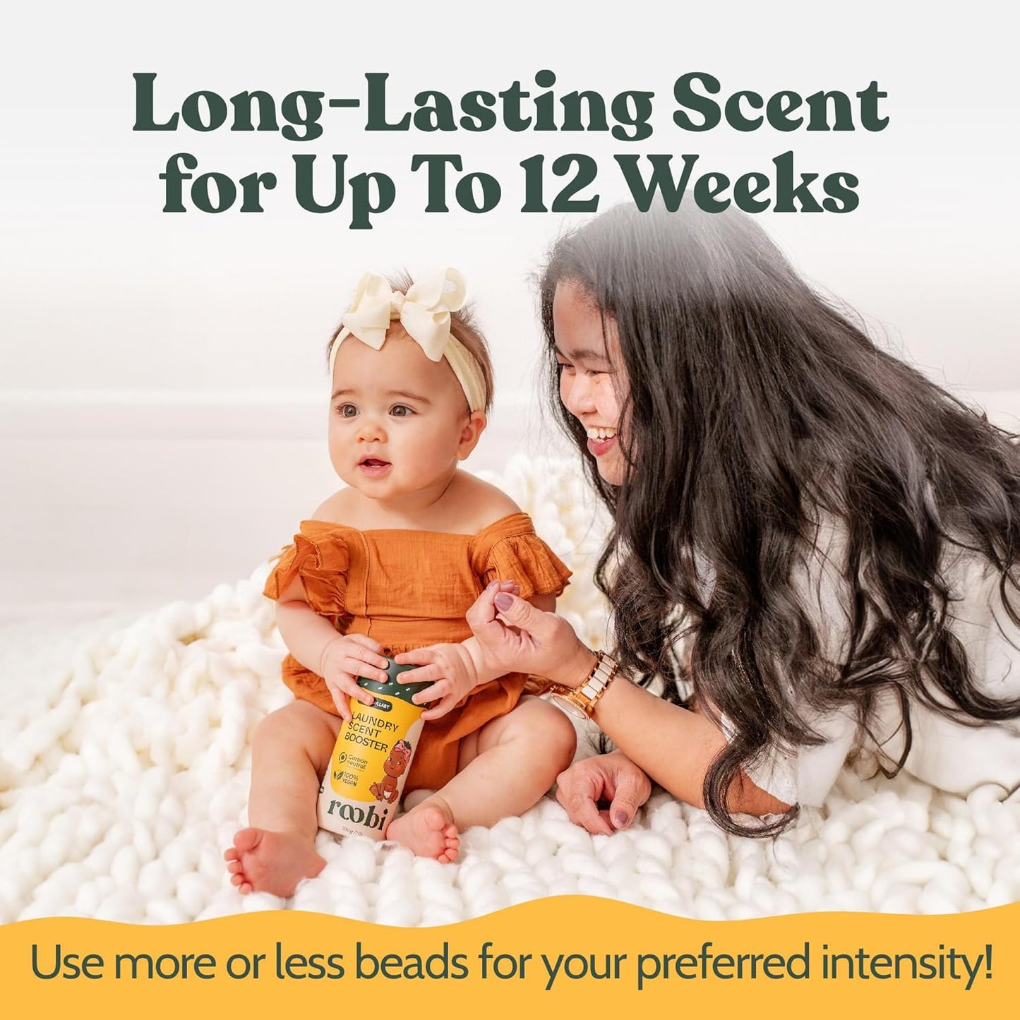 Roobi Baby Laundry Scent Booster. Peachy Lullaby Fragrance Beads. Specially Formulated for Baby's Sensitive Skin. Up to 20 Washing Cycles. Carbon Neutral, 100% Vegan.