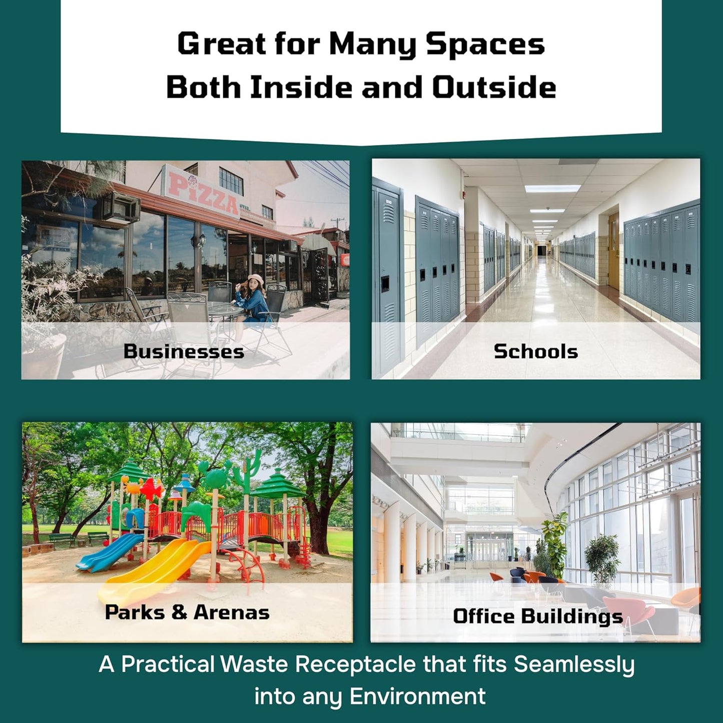 32 Gallon Square Slatted 100% Recycled Plastic Heavy-Duty Commercial Outdoor or Indoor Trash Can with Push Top Lid | Great for Schools and Businesses - Dark Granite