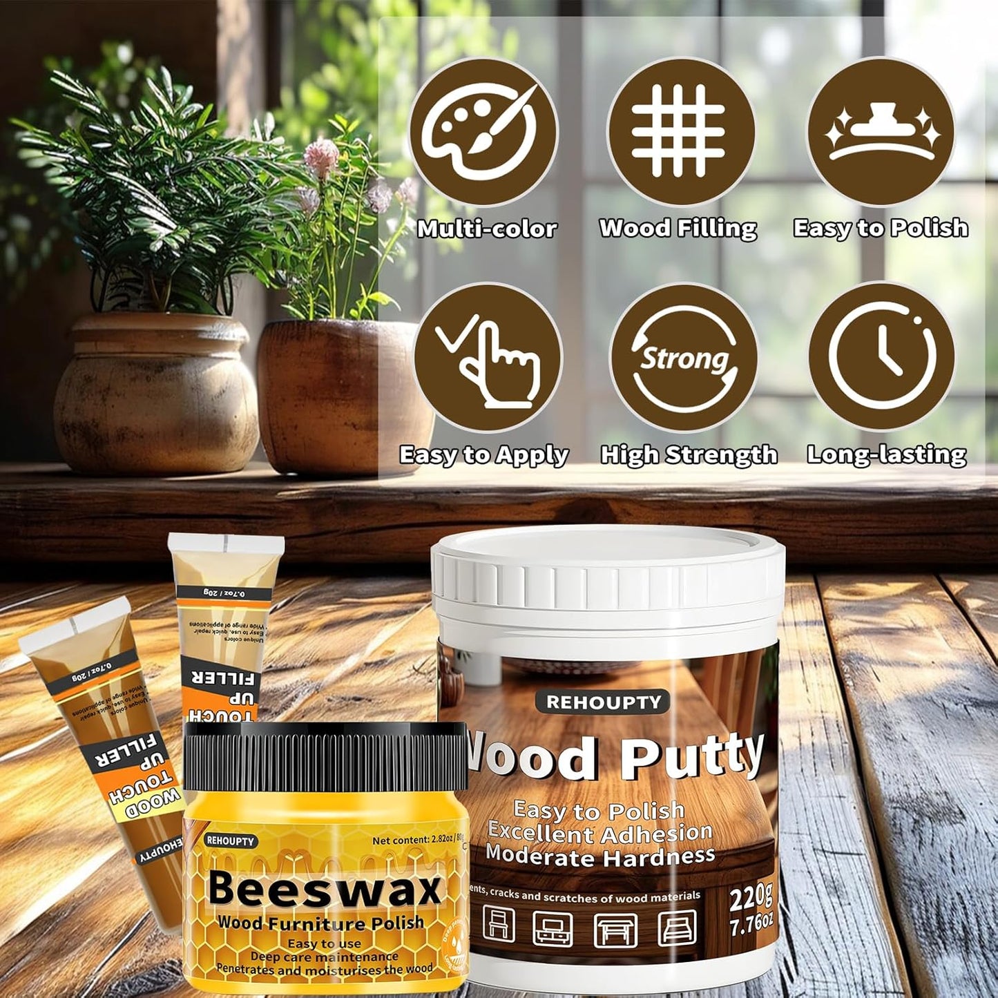 Wood Furniture Repair Kit, All-in-One Large Capacity Floor Repair Kit Include Wood Putty & 12 Colors Wood Touch Up Filler and Beeswax, Vinyl Floor Repair Kit for Scratch, Cracks, Stain, Holes