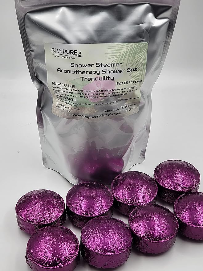 Spa Pure TRANQUILITY Aromatherapy Shower Bombs made in USA with 100% Natural/Organic Essential Oils - Transform Your Shower - Transform Your Mood (8 Count) Pack of 1