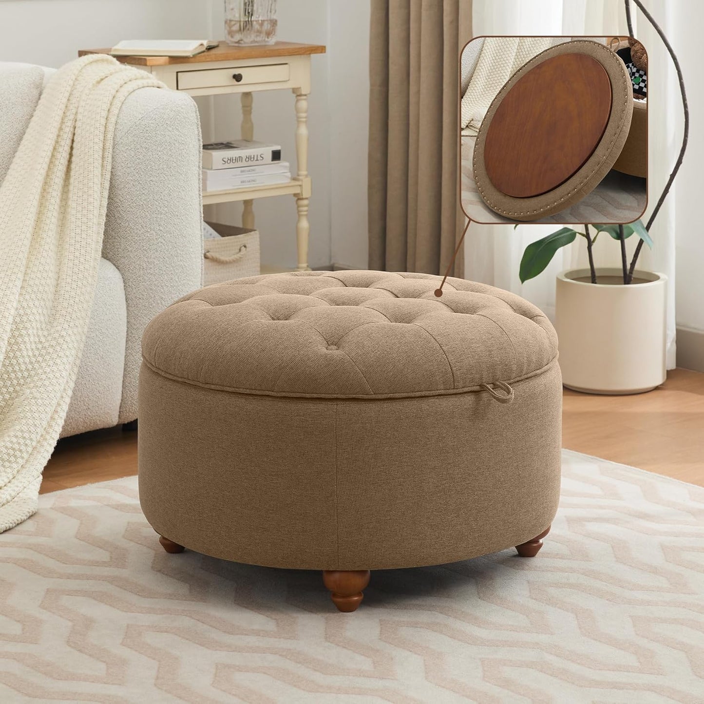 30Inch Round Storage Ottoman with Tray, Modern Tufted Fabric Circle Coffee Table with Storage, Upholstered Ottoman with Removable Top for Living Room, Bedroom, Brown