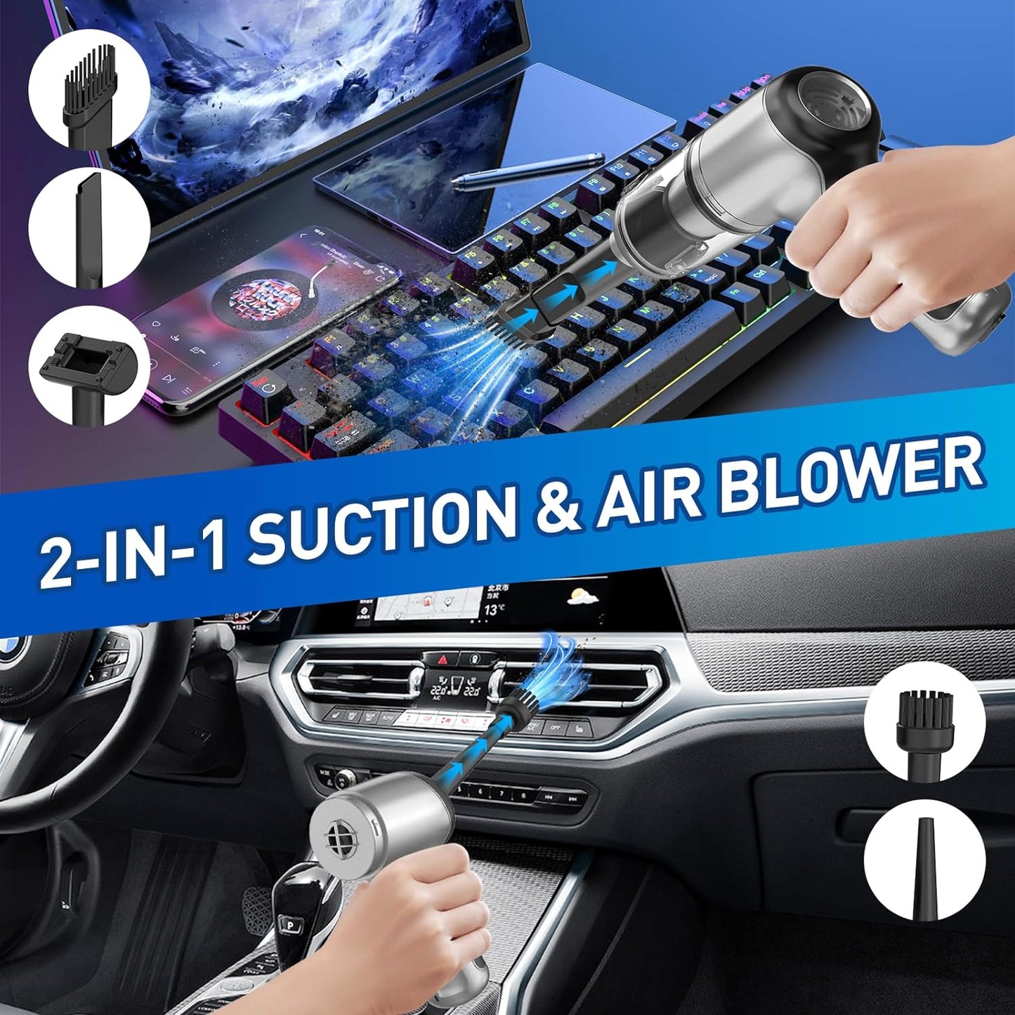AHNR Handheld Car Vacuum Cleaner Cordless with Brushless Motor, 20000PA High Power Vacuum Cleaner & Air Duster, 3 in 1 Keyboard Portable Mini Hand Held Vacuums Cleaner for Car Home