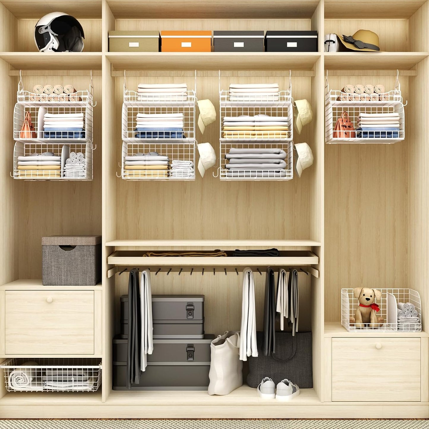 HapiRm Hanging Closet Organizer Storage - 3 Tier Metal Stackable Hanging Closet Shelves with Dividers and S Hooks, Foldable Clothes Shelves for Clothes, Pants, Shoes, Coat, Hats Clutches Accessories