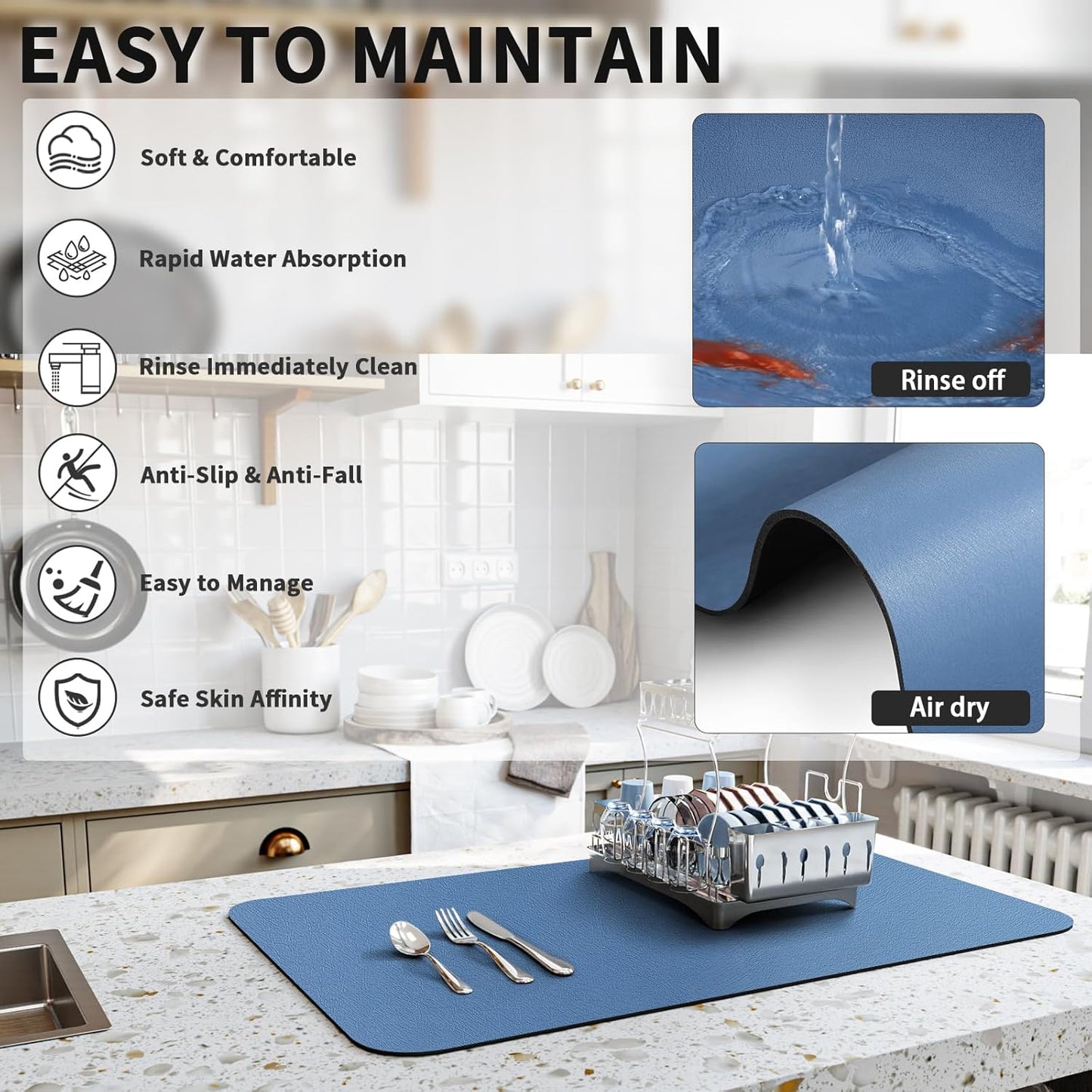 Dish Drying Mat for Kitchen Counter, Heat Resistant Drainer Mats with Non-slip Rubber Backed, Hide Stain Kitchen Super Absorbent Draining Mat, Easy to Clean Dish Rack Pad, Blue 18"x28"