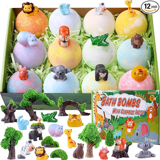 JOICEE Bath Bombs for Kids with Surprise Inside, 12 Pack Organic Natural Bath Bombs with Jungle Animal Toys Mini Model Trees Stones for Boys Girls Birthday Christmas Gift Set