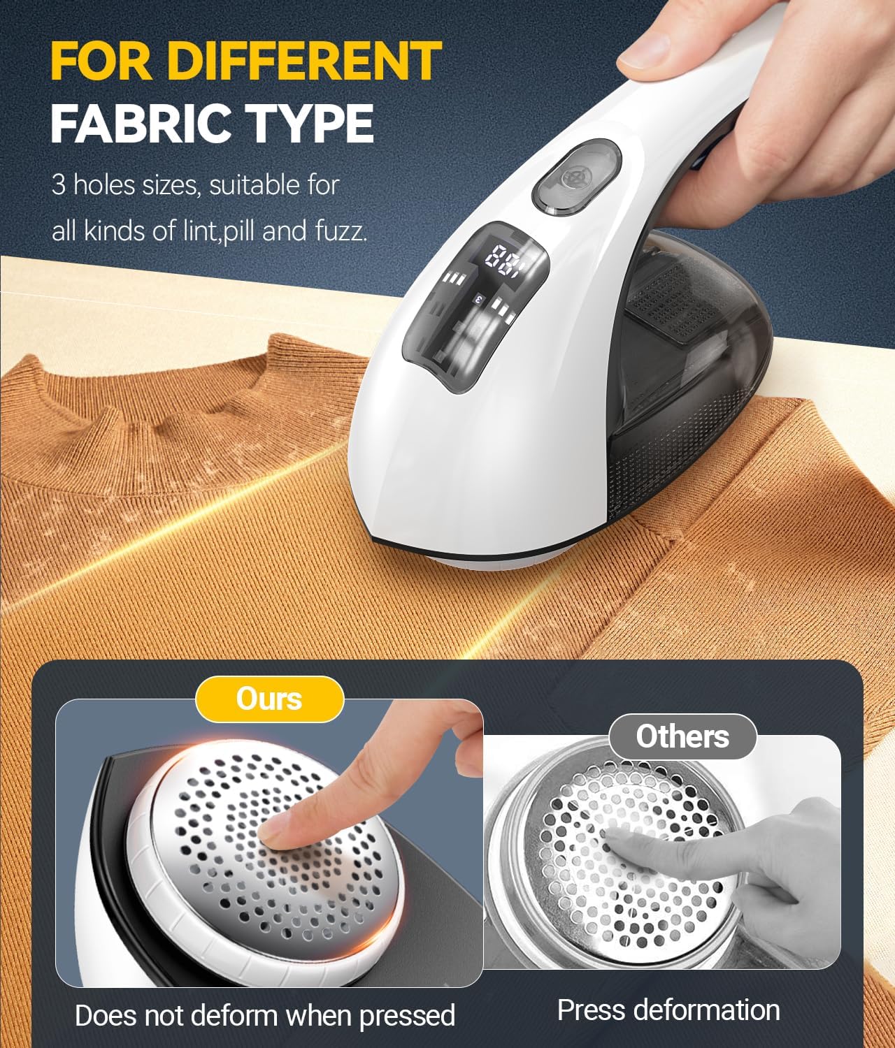 Rechargeable Fabric Shaver and Lint Remover, 3-Speed Adjustable Sweater Shaver with 6-Leaf Replaceable Stainless Steel Blades, 2.6Inch Large Mesh, Removable Bin for Clothes Fuzz, Lint, Pills, Bobbles