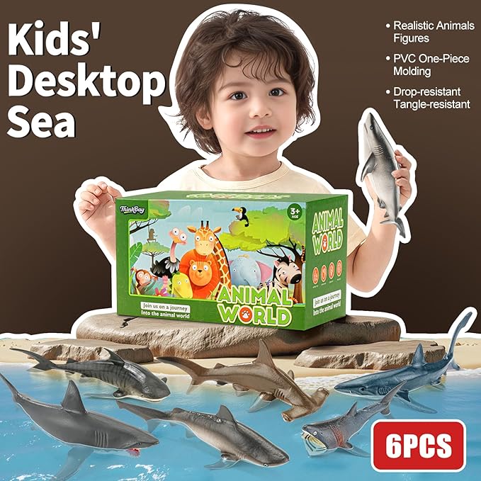 6PCS 5-7"L Realistic Shark Bath Toy for Kids, Plastic Sea Ocean Animals Figures Toys for Toddlers Includes Great White Shark Figurines Cake Toppers Birthday Party Favors & Gifts for Boy Girl