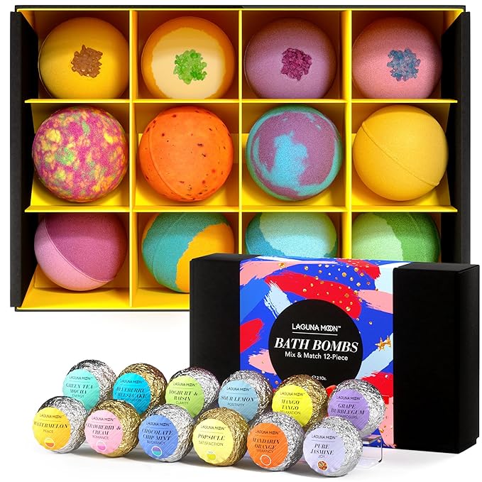 Lagunamoon Bath Bombs for Kids, Women - Bubble Bath Shower Salts for Women - Relaxing Bathbombs Set - Bath Essentials Shower Bubble Steamers (12-Pack Bath Bombs)