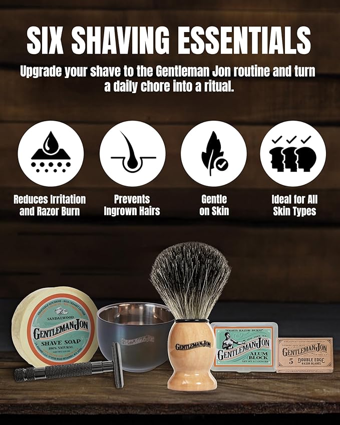 Gentleman Jon Safety Razor Shaving Kit | Vintage Wet Shave Grooming Set for Men - Includes: Safety Razor, Hair Shaving Brush, Alum Block, Shave Soap, Bowl & Double Edge Razor Blades