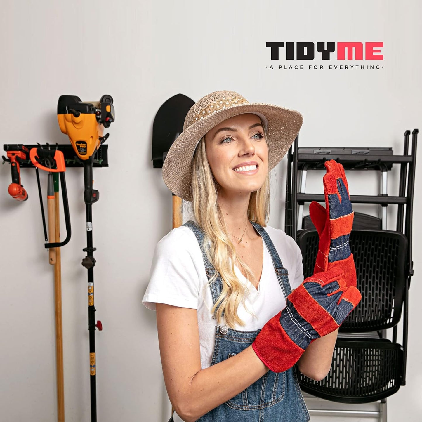 Garage Wall Organizer | 64" Heavy-Duty Tool Storage Rack | Adjustable Double-Layer Hooks | 400 lbs Capacity | Carbon Steel Wall Mount Holder for Shovels, Rakes, Ladders & Power Tools