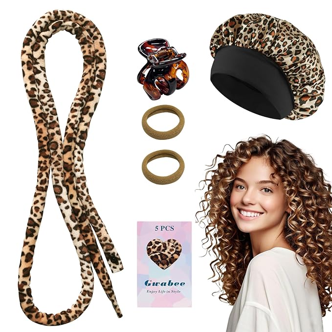 Velvet Heatless Curls Overnight Hair Curlers to Sleep In, Overnight Curls Thin Heatless Hair Curler - No Heat Curlers for Long Hair Volume, Heatless Curling Set with Bonnet - Leopard Print