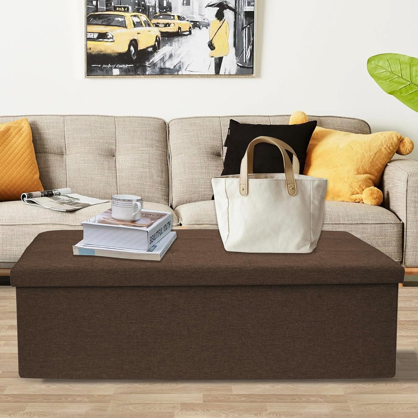 GLAXYFUR 43 Inches Folding Storage Ottoman Bench, Storage Chest, Footrest for Entryway, Living Room, Holds up to 660 lb, Brown