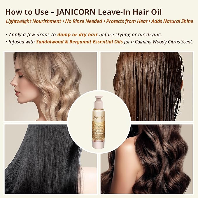 Leave-In Hair Oil with Sandalwood & Bergamot Essential Oils – Lightweight Frizz Control, Shine Enhancer & Heat Protection for Daily Hair Care – No-Rinse Oil, 3.4 fl oz (100ml)