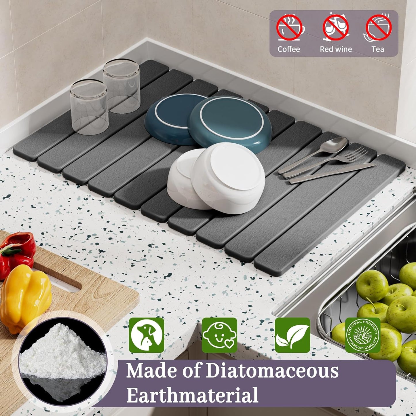 Large Stone Dish Drying Mats for Kitchen Counter – Foldable Quick Dry Stone Mat with Non-Slip Pad & Sandpaper, Super Absorbent Diatomaceous Earth Mat for Dishes and Cups(Dark Gray 23.5"x15.5")