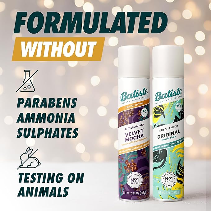 Batiste Dry Shampoo Limited Edition Holiday Gift Set Duo, Velvet Mocha & Original Scent, Refreshes Hair, Removes Oil & Grease, 7.62 Oz, 2 Pack