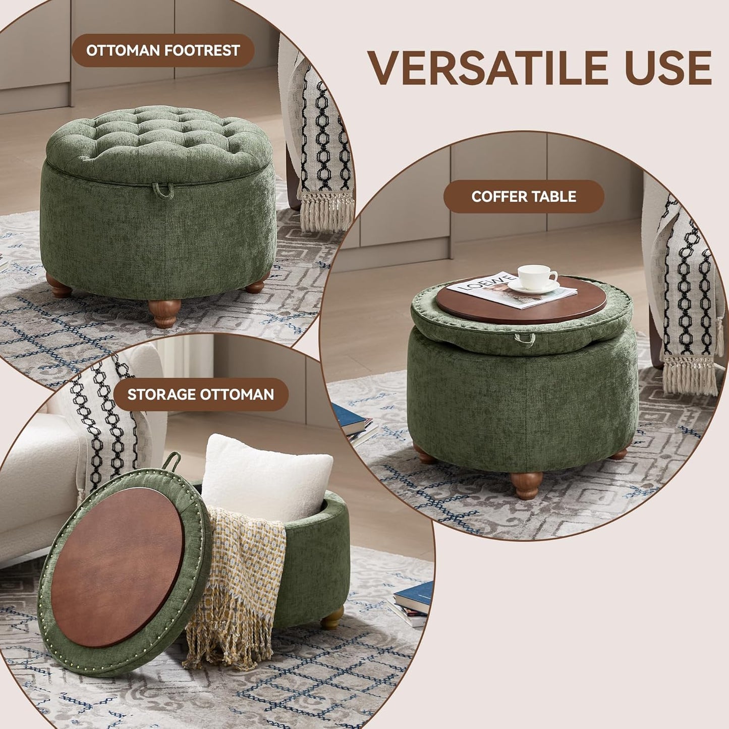24Inch Round Storage Ottoman with Tray, Modern Tufted Circle Coffee Table with Storage, Upholstered Ottoman with Removable Top for Living Room, Bedroom, Chenille Green