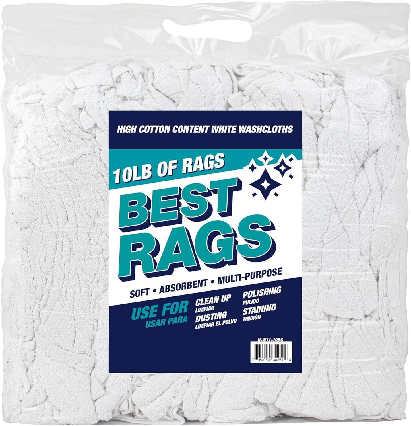 Arkwright W11 Terry Cloth Towels for Cleaning - Soft Cotton Blend Washable Multi-Purpose Bar Mop, Absorbent & Quick Dry, Bag of Rags for Kitchen, Auto Shop, and Garage, 10 lb, White