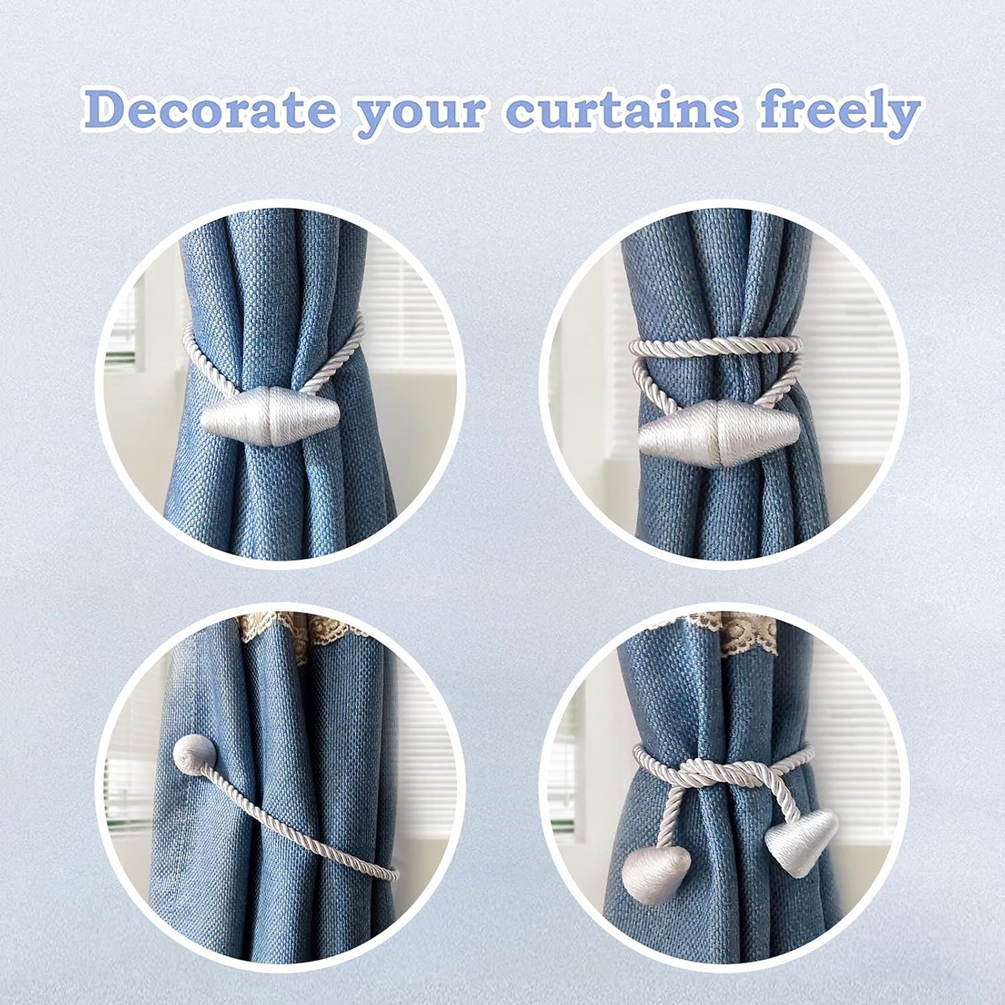 Hion Magnetic Curtain Tiebacks Gray Blue 2pcs, Curtain Tiebacks Buckles Holdbacks Holders Hooks Clip for Home Bedroom Office Decorative Curtain