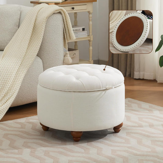 24Inch Round Storage Ottoman with Tray, Modern Tufted Fabric Circle Coffee Table with Storage, Upholstered Ottoman with Removable Top for Living Room, Bedroom, Beige