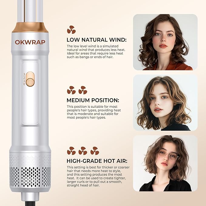 6 in ONE Blow Dryer Brush,Air Curling Iron Round Brush Blow Dryer 800W,Ionic Hair Dryer Brush for Women, Hot Air Brush Hair Styling Tools 100-120V (White Gold)