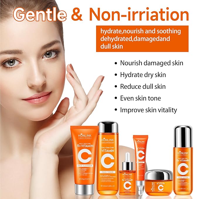HONKLINK 6-Piece Hydrating Skincare Set with Vitamin C & Niacinamide,Face Care Kit Includes Toner, Faical Serum,Cleanser,Moisturizer, Eye Cream & Body Lotion | Unique Gift for Women