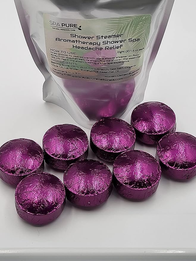 Spa Pure Headache Relief Aromatherapy: Shower Bombs USA Made with 100% Natural/Organic Essential Oils - Lavender, Eucalyptus - Transform Your Shower (8 Count) Pack of 1