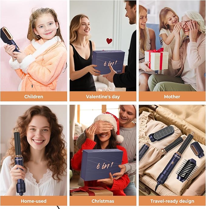 Blow Dryer Brush Set of 6, Air Curling Iron 3 Temperature Negative Ionic Hair Dryer Brush, Hot Air Brush Hair Styling Tools, 800W Volumize Straightener Round Brush Blow Dryer 100-120V