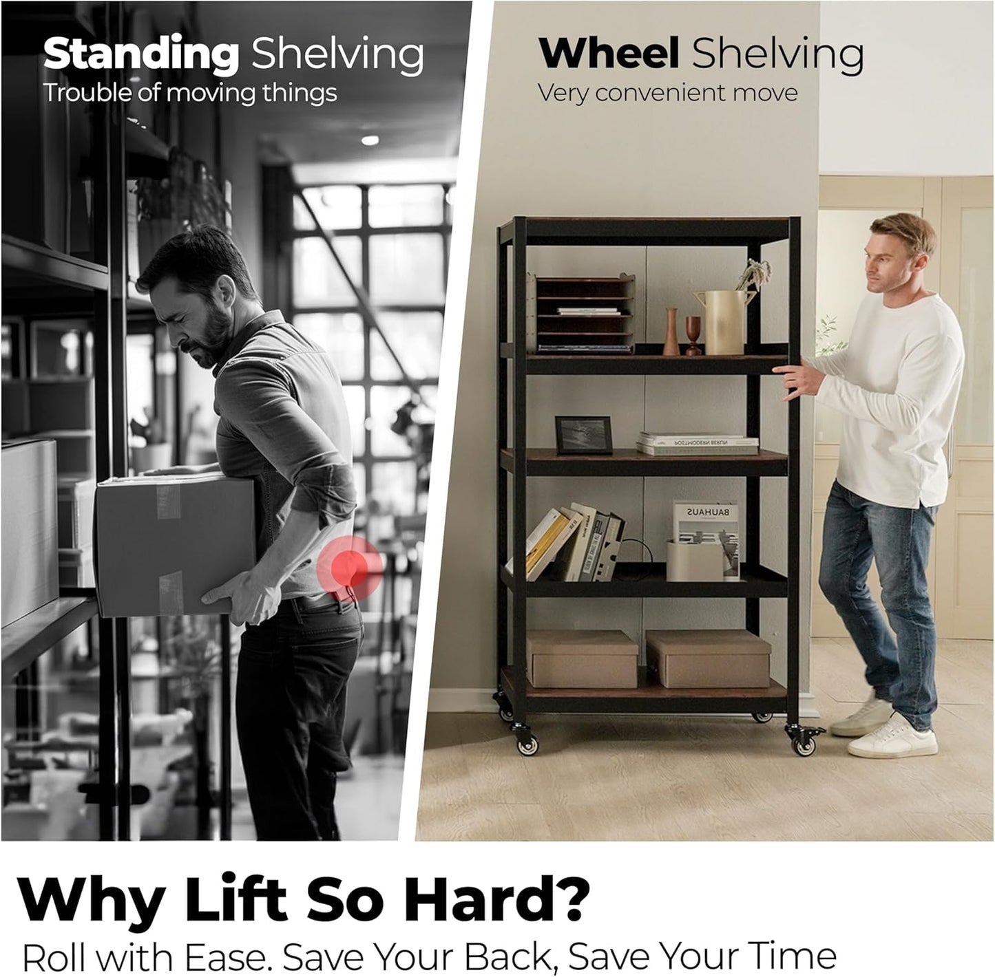 HOMEDANT House 5-Tier Metal Rolling Cart Shelf Rack Casters Heavy Duty Wheel Shelving Unit Adjustable Utility Storage Shelves Organizer Shelf Kitchen Garage 24.4" W x 16.5" D x 62.2" H 10Pack