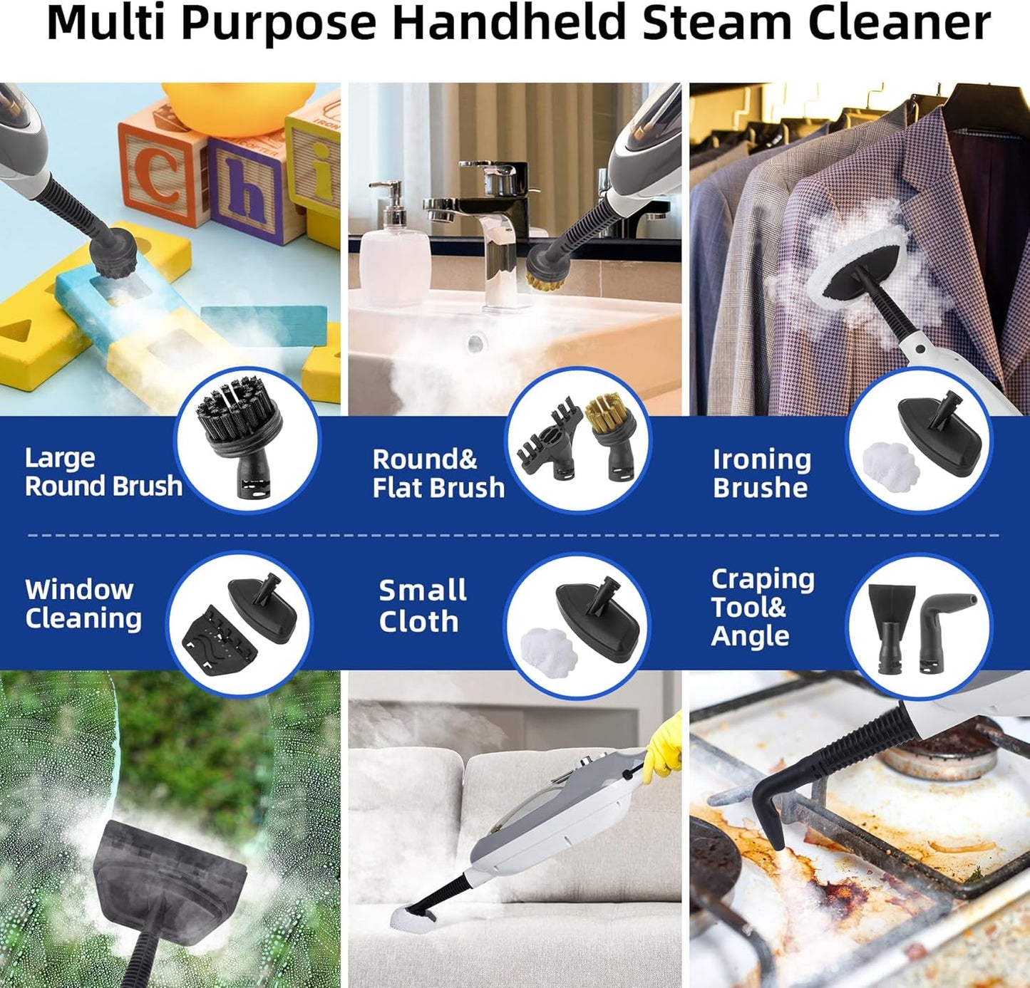 Steam Mop - 10-in-1 MultiPurpose Handheld Steam Cleaner Detachable Floor Steamer for Hardwood/Tile/Laminate Floors Carpet with 11 Accessories for Whole Home Use.