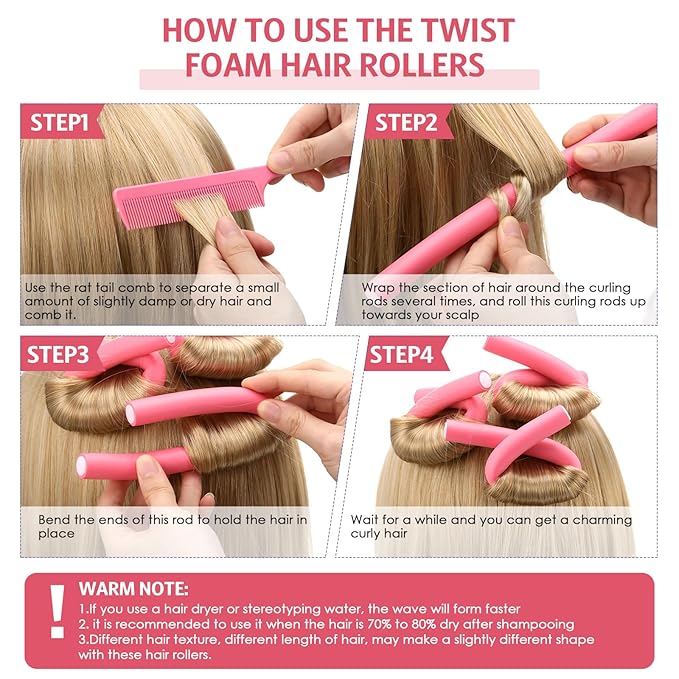 WILLBOND 60 Pieces Flexible Curling Rods Hair Curlers Rollers Twist Flexi No Heat Rods Rollers for Long Short Hair Women(0.3 x 7 Inch,Pink)