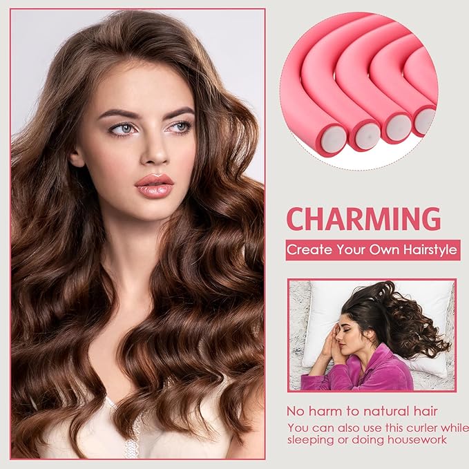 WILLBOND 60 Pieces Flexible Curling Rods Hair Curlers Rollers Twist Flexi No Heat Rods Rollers for Long Short Hair Women(0.3 x 7 Inch,Pink)