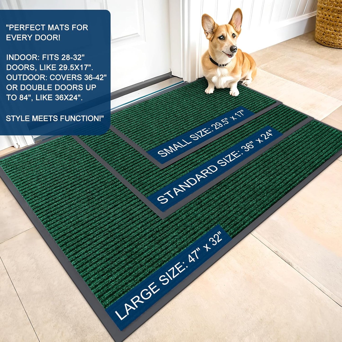 OLANLY Front Door Mat Indoor Outdoor Entrance, Waterproof Heavy Duty Doormat, Fade Resistant, Low Profile, Easy Clean Patio Porch Welcome Floor Mats for Entry, 47x23, Green