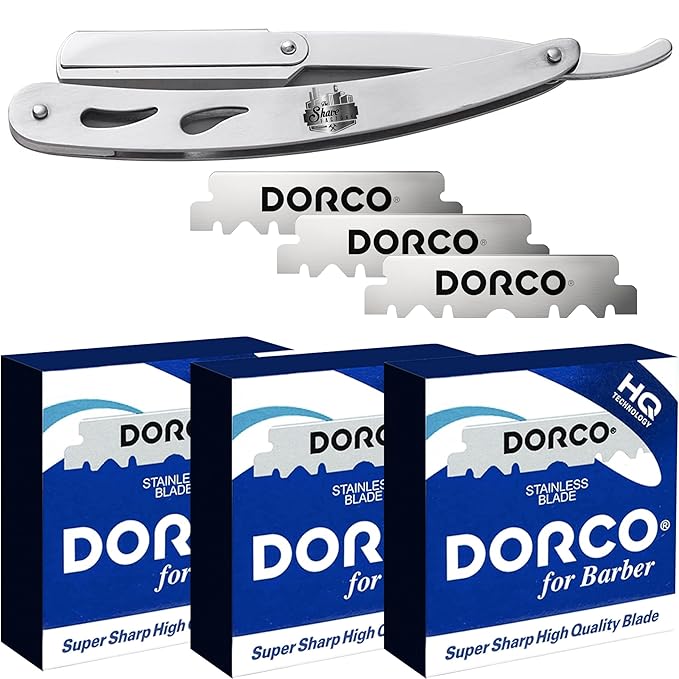 The Shave Factory Straight Edge Razor Kit - with Single Stainless Steel razors for men from (Matte, Dorco Blue Single Edge)