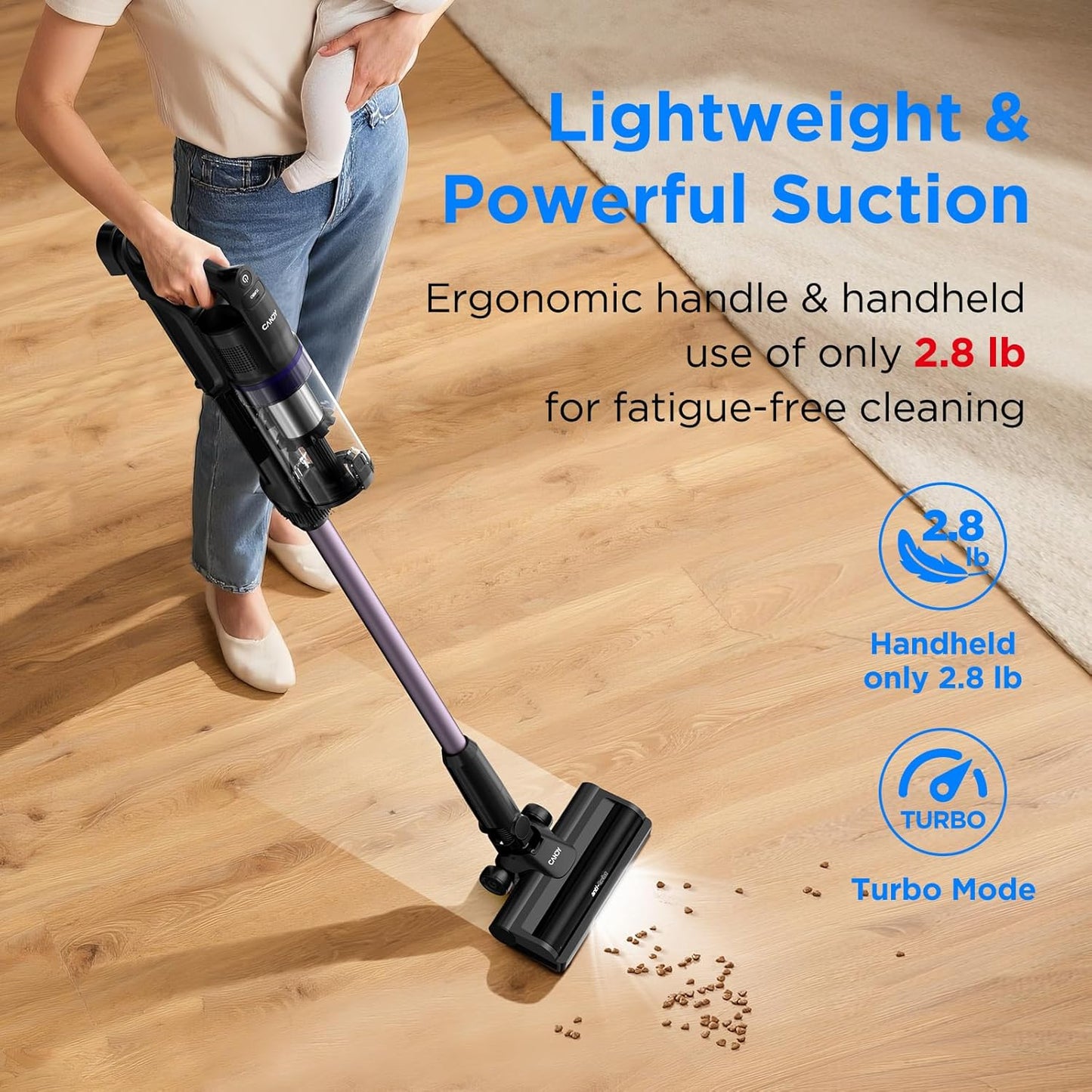 CANDY Cordless Vacuum Cleaner, Stick Vacuum Cordless Rechargeable,45Mins Powerful Suction Vacuum Cleaners for Home,Anti-Tangle,One-Click Dust Disposal,Lightweight for Hardwood Floor Carpet Pet Hair