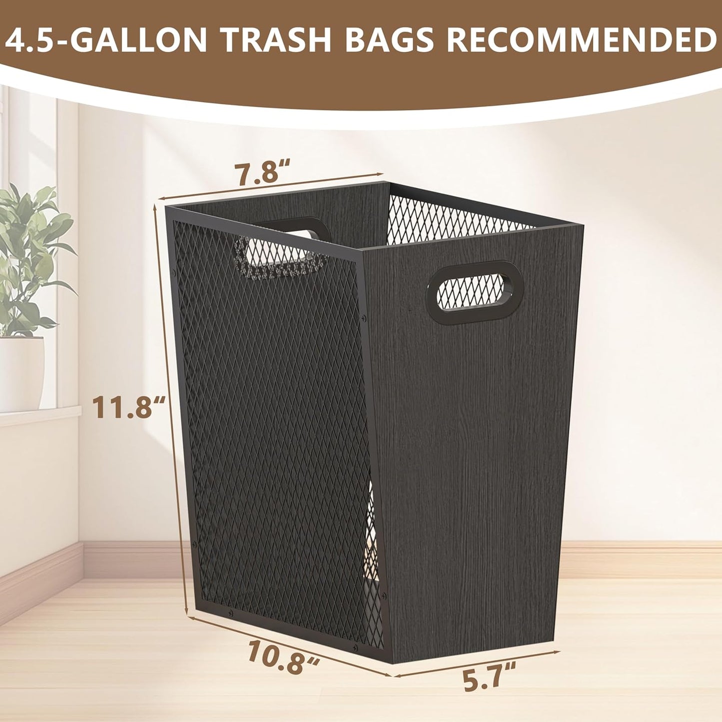 Piskyet Black Office Trash Can for Near Desk, 4.5 Gallon Unique Wood Bedroom Garbage Can,Vintage Wastebasket with Handle, Decorative Trash Can for Home Office,10.8" L x 7.8" W x 11.8" H