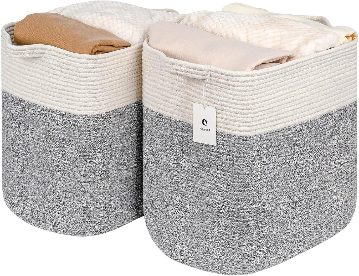 Storage Baskets for Clothes Fabric Cotton Rope Storage Basket with Handles, Decorative Woven Basket for Living Room,Closet Organizer Blankets, and 2bags (Silver Gray, L14×W11×H14)