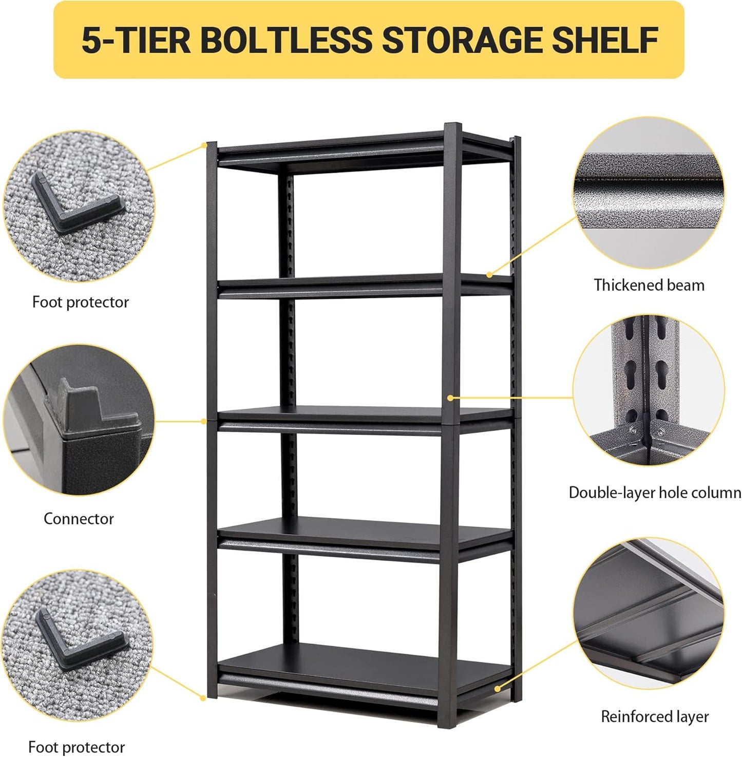 Heavy Duty Garage Shelving, Metal Storage Shelves, Adjustable 5 Tier Metal Shelving Unit, Industrial Utility Rack for Garage, Warehouse, Workshop, 12" D×27.5" W×60" H, Black